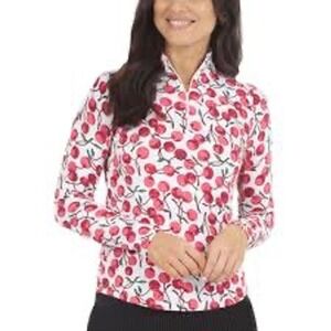 Womens Cherry Print Quarter Zip Long Sleeve Mock Neck Pullover Top White Red